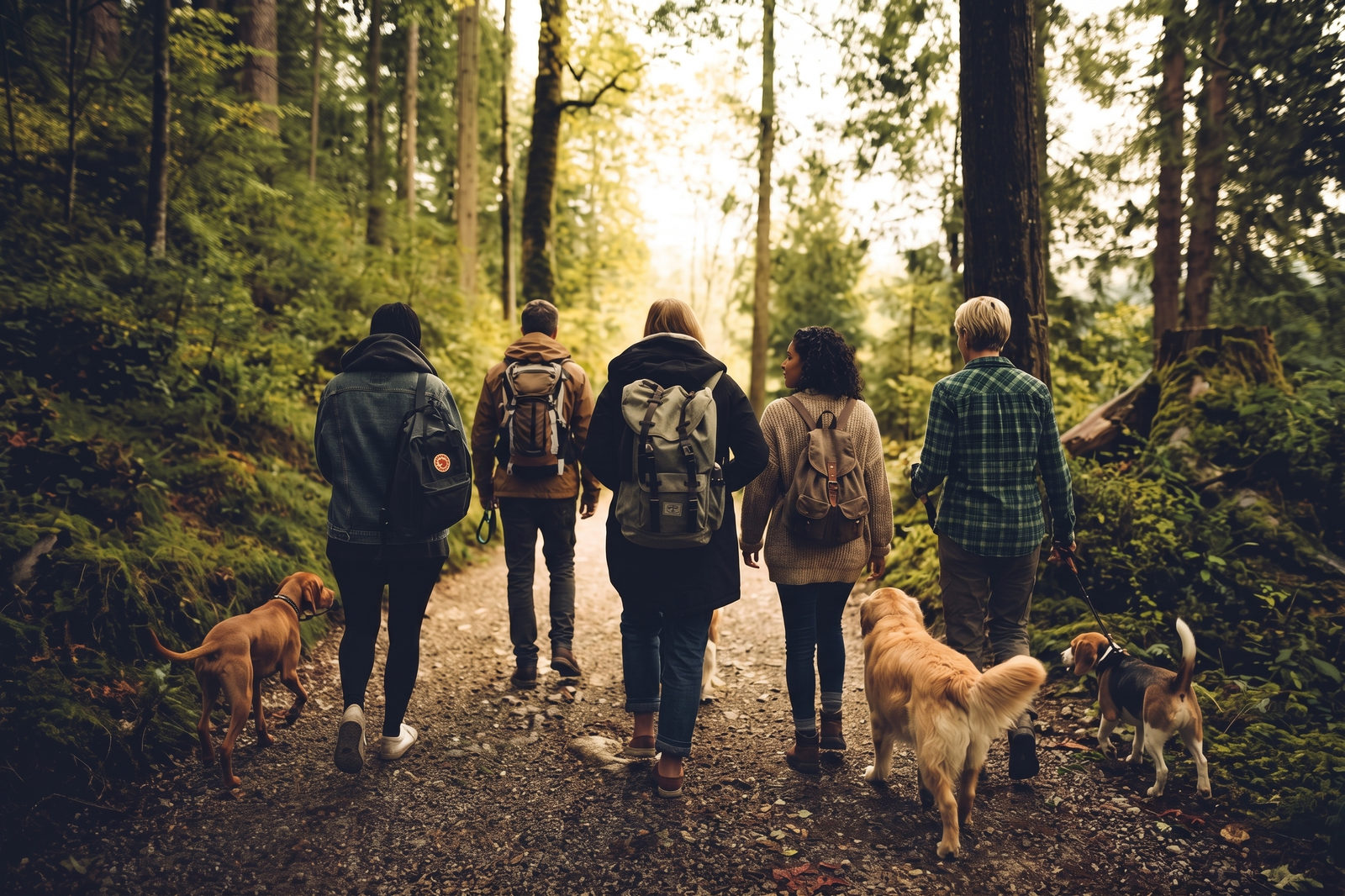 Caminata grupal con perros por un sendero de bosque: terapia forestal de La Vida Misma