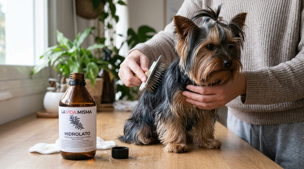 Persona cepillando el pelaje de un perro yorkshire junto a una botella de hidrolato de romero de La Vida Misma